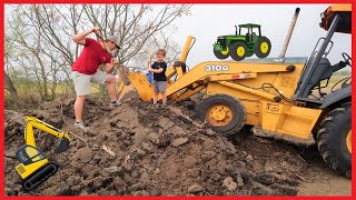 Backhoe for kids  Digging for toys and learning colors on the farm [upl. by Utir]