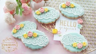 How to make EYELET LACE COOKIES with 2 different type of piped royal icing roses [upl. by Jadwiga]