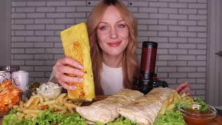 MUKBANG  Три домашних шаурмы с креветками курицей говядиной  Shawarma Rolls  не ASMR [upl. by Emya]