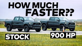 702 HP RAM TRX vs 900 HP Hennessey TRX Drag Race Comparison [upl. by Kurth664]