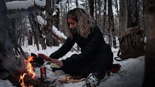 WINTER BUSHCRAFT Shelter ONLY NATURAL MATERIALS at THE ROCK  Cooking STEAK on COALS Part 1 [upl. by Legin]