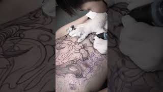 한야 앞판 타투 과정 라인 Hannya Mask Tattoo  Shingun  SILK WAVE ART STUDIO SOUTH KOREA 안양 실크 웨이브 타투 [upl. by Ecyaj]