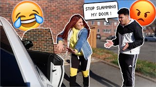 SLAMMING THE CAR DOOR TO SEE HOW HE REACTS HE FLIPS [upl. by Nemlaz]