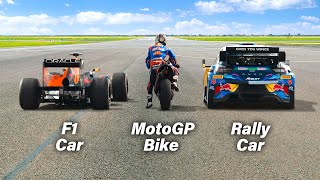 F1 Car vs MotoGP Bike vs Rally Car Ultimate Drag Race [upl. by Fionna615]