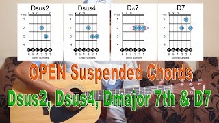 Open Dsus2 Dsus4 Dmajor7th amp D7 Chords  Beginner Guitar Lesson 17 [upl. by Korrie]