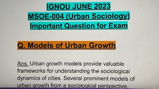 IGNOU JUNE 2023💯MSOE004 Important Exam Question✅Models of Urban Growth mso upsc sociology easy [upl. by Enttirb]