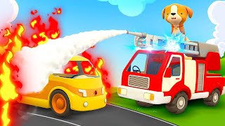 Helper Cars amp the broken yellow car The fire truck saves the day Learn animals amp cartoons for kids [upl. by Oniliuqnart]