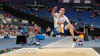 Greeces Miltiadis Tentoglou DEFENDS mens long jump gold medal at Paris Olympics  NBC Sports [upl. by Eiznik]