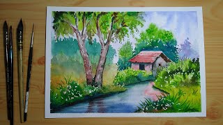 Simple watercolor landscape painting for beginners [upl. by Barb49]