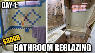 HOW TO REGLAZE BATHTUB amp TILE  EXTREME BATHROOM REGLAZING MAKEOVER DAY 1  DP TUBS REGLAZING [upl. by Sudderth]