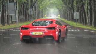 Ferrari 488 GTB Akrapovic  Start Up Accelerations Revs and Powerslides in the rain [upl. by Oletha]