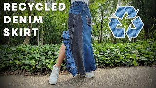 RECYCLED Trendy Denim Skirt  DIY Upcycling Tutorial [upl. by Sueahccaz]