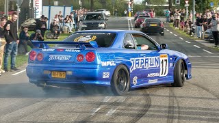 JDM Cars Leaving Go Japan 2023  BURNOUTS 1400HP GTR Pandem Skyline Top Secret Supra 1JZ Silvia [upl. by Frasier]