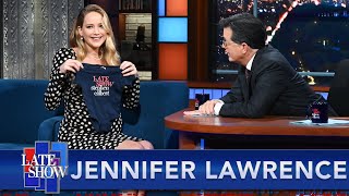 quotIm Not Going To Fit In Thatquot  Jennifer Lawrence Accepts A Baby Gift From The Late Show [upl. by Aitnwahs]