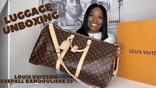 LOUIS VUITTON UNBOXING Keepall Bandouliere 55 Monogram  Louis Vuitton Luggage [upl. by Eibba]