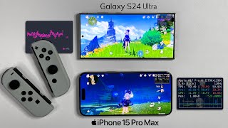 Which is BETTER for GAMING Galaxy S24 Ultra vs iPhone 15 Pro Max Genshin Impact FPS Gaming Test [upl. by Sheryle]