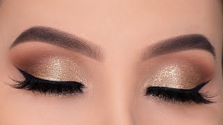 Classic Golden Glitter Eye Makeup Tutorial  Holiday Eye Look [upl. by Anitnas219]