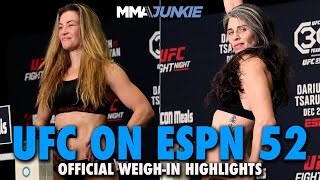 UFC on ESPN 52 WeighIn Highlights Miesha Tate Beats Buzzer Kelvin Gastelum Returns to 170 [upl. by Ahsinyar]