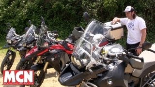 BMW F800GS vs R1200GS and Triumph 800XC vs 1200 Tiger Explorer  Road Tests  Motorcyclenewscom [upl. by Nileek451]