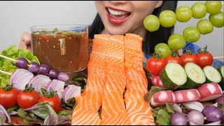 GIANT SALMON SASHIMI  FRESH VEGGIE PLATTER ASMR EATING SOUNDS NO TALKING  SASASMR [upl. by Kassel]