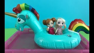 Floaties Elsa Anna Swimming Playing with Unicorn Floaty Elsa BBQ Ice Cream Frozen Dolls Video [upl. by Busey559]