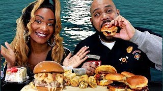 CHEESECAKE FACTORY MUKBANG FRIED MAC N CHEESE BURGER BACON BACON BURGER SOUTHWEST EGGROLLS etc [upl. by Anbul]