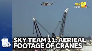 Aerial video Cranes working on wreckage of Baltimore bridge collapse [upl. by Nodnab]