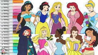 Disney Princess Coloring Book Compilation Ariel Tiana Merida Aurora Rapunzel Moana Jasmine Belle [upl. by Kerby]