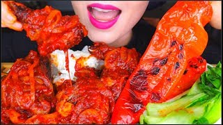 ASMR SPICY FRIED CHICKEN SAMBAL AYAM MASAK SAMBAL PEDAS GIANT PEPPERS BOK CHOY RICE 咀嚼音먹방 [upl. by Nueoras386]