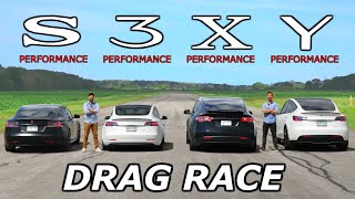 Tesla Model S vs 3 vs X vs Y  PERFORMANCE Models  DRAG amp ROLL RACE [upl. by Egon885]