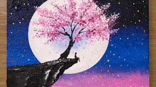 Cherry Blossom under Moonlight  Acrylic Painting Technique 459 [upl. by Ofelia]