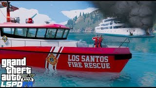 GTA 5 Mods Fire Fighting Boat Responds To Yacht Fire With People Trapped LSPDFR Coastal Callouts [upl. by Lekcim]