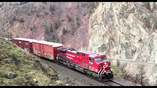 CPKC mixed train curving through the Thompson with a Kansas City Southern rear DPU [upl. by Hittel]