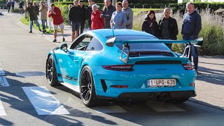 Supercars accelerations  Start of Zoute GT TOUR 2018  Chiron F12 TDF New Vantage M3 GTS [upl. by Borman]