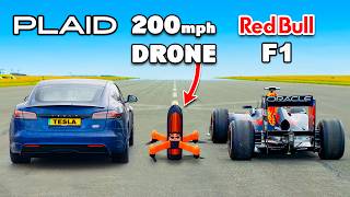 Tesla S Plaid v 200mph F1 Drone DRAG RACE [upl. by Simson332]