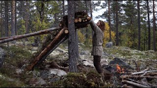 Bushcraft trip  shelter building collecting mushrooms and cooking meat leanto part 2 [upl. by Middlesworth]