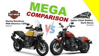 Harley Davidson PAN America 1250 vs Indian Chief Bobber Dark Horse  MEGA COMPARISON  Bike Info [upl. by Godred]