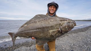 Alaska Shore Fishing For GIANT Halibut CATCH CLEAN COOK [upl. by Siuqaj]