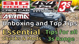 Arrma Big Rock 3s BLX v3 Unboxing and Top Tips Essential checks Granite Typhon Senton Vorteks [upl. by Eula55]