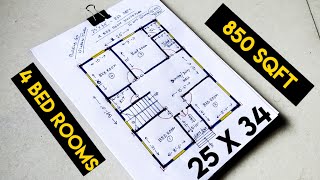 25 x 34 house plan with 4 bed rooms II 25 X 34 ghar ka naksha II 850 sqft house design [upl. by Ayital]