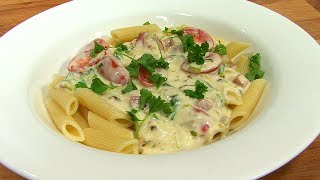 Penne Pasta Carbonara met hamblokjes prei en cherrytomaten  recept [upl. by Hands901]