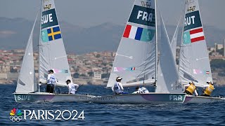 Austrian duo of Lara Vadlau Lukas Maehr lead mixed dinghy leaderboard after Race 8  Paris Olympics [upl. by Eniladam573]