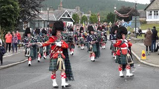 Morning parade of Braemar Royal Highland Games Society through village to the 2022 Braemar Gathering [upl. by Finley663]