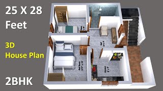 25 x 28 feet house plan amp 3d elevation  25 x 28 ghar ka naksha  2 bedroom house design  Plan 11 [upl. by Akinirt]