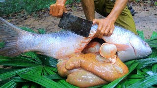 Wow Cooking Big Fish Eggs Recipe Eating Delicious in the Forest [upl. by Nwonknu448]