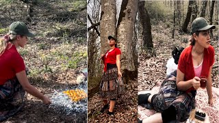 🍀forest camping🏕️Rural girl cooking chicken kebab and relaxing in the forest near her village [upl. by Spiegel]