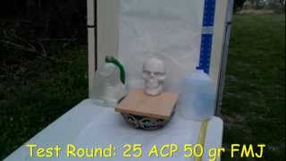 25 ACP 50 grain bullet shot through a phoenix arms raven vs zombie skull [upl. by Sillyrama63]