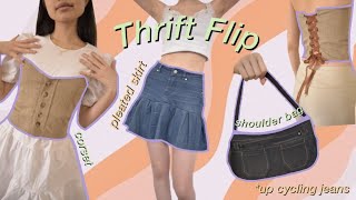 Thrift Flip  Up Cycling Jeans  easy DIY denim pleated skirt corset amp shoulder bag [upl. by Latsryc303]