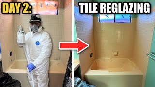 HOW TO REGLAZE BATHTUB amp TILE  EXTREME BATHROOM REGLAZING MAKEOVER DAY2  DP TUBS [upl. by Anaed42]