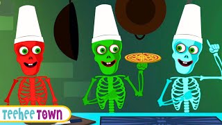 Five Skeletons Cooking Pizza At Halloween Party  Spooky Scary Songs By Teehee Town [upl. by Nywles141]